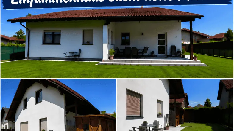 Einfamilienhaus mit Garten, Terrasse und Carport unter blauem Himmel.