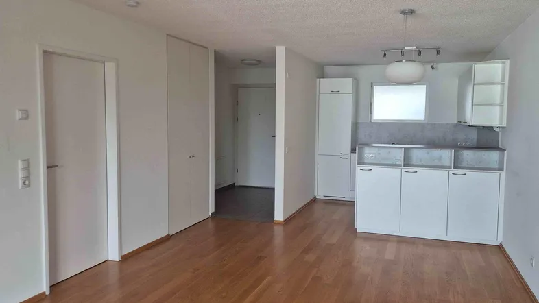 Heller offener Wohnbereich mit Parkettboden und integrierter Küchenzeile.