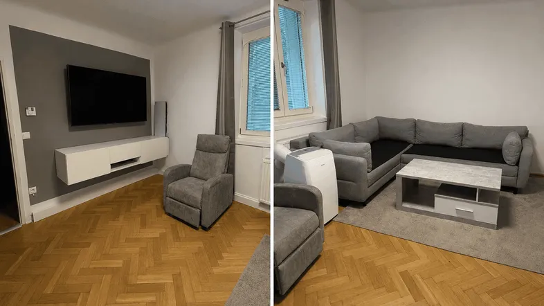 Helles Wohnzimmer mit Fischgrätparkett, modernem Sofa und TV-Bereich.