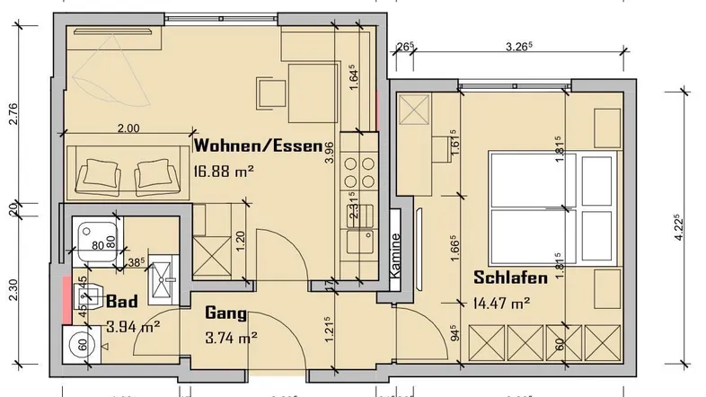Detaillierter Grundriss einer Wohnung mit Wohn-/Essbereich, Schlafzimmer, Bad und Gang.