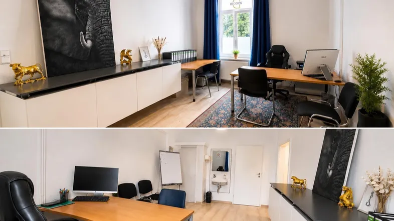 Heller, gepflegter Büroraum mit modernen Möbeln, großen Fenstern und Holzboden, ideal für professionelle Nutzung.