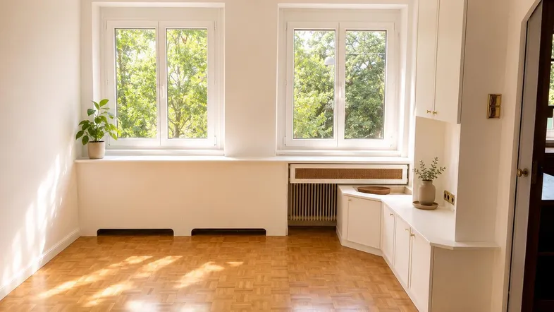 Helles Zimmer mit Parkettboden und Einbauschränken, bietet vielseitige Nutzungsmöglichkeiten mit Blick ins Grüne.