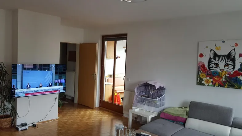 Helles Wohnzimmer mit Parkettboden, gemütlichem Sofa und Blick in den angrenzenden Küchenbereich.