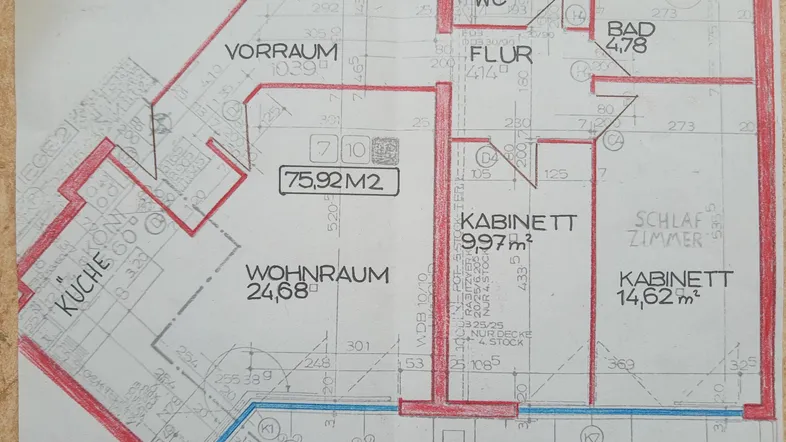 Detaillierter Grundrissplan der Wohnung mit Raumaufteilung und Flächenangaben in Quadratmetern.