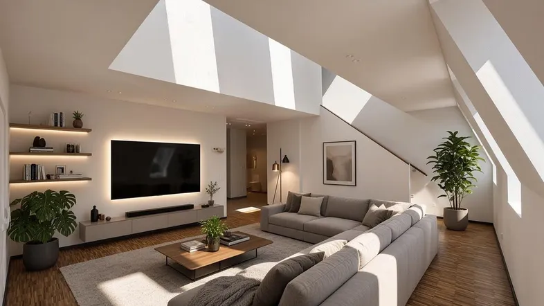 Modernes, lichtdurchflutetes Wohnzimmer mit hohen Decken, Holzboden und stilvoller Einrichtung.