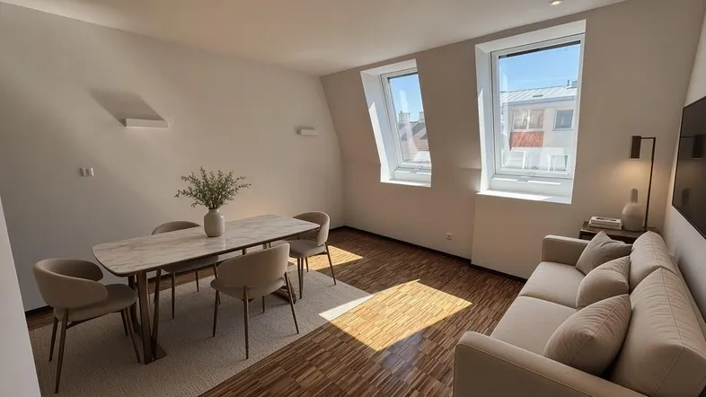 Helles Wohn- und Esszimmer mit Parkettboden, modernen Möbeln und Dachfenstern, die viel Tageslicht hereinlassen.