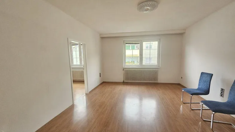 Heller Wohnraum mit Laminatboden, weißen Wänden und Blick ins Grüne durch das Fenster.