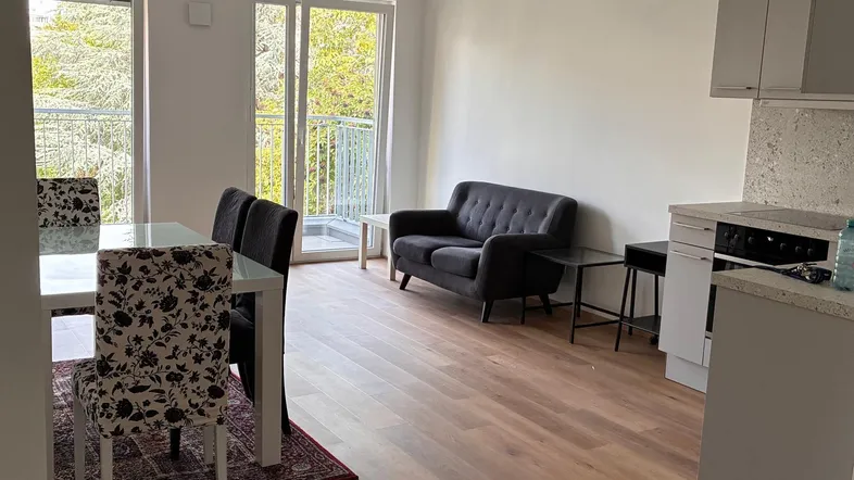 Heller offener Wohn- und Essbereich mit integrierter Küche, Parkettboden und Zugang zum Balkon.