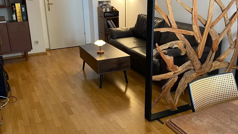 Gemütliches Wohnzimmer mit Holzboden, Ledersofa und dekorativem Raumteiler.