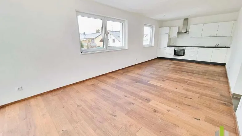 Heller offener Wohnbereich mit Holzboden und integrierter Küchenzeile, ideal für modernes Wohnen.