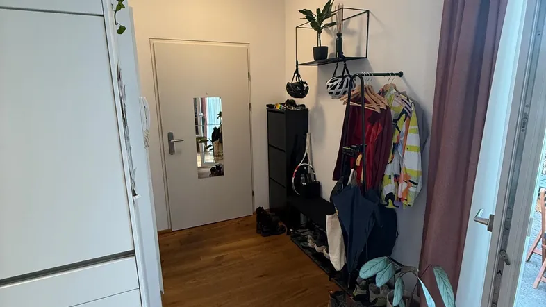 Heller Eingangsbereich mit Holzfußboden, weißem Schrank und Zugang zu einem Außenbereich.