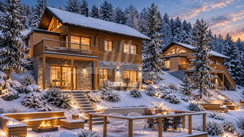 Gemütliches Chalet im Schnee mit beleuchteter Terrasse und Feuerstelle, umgeben von verschneiten Bäumen.