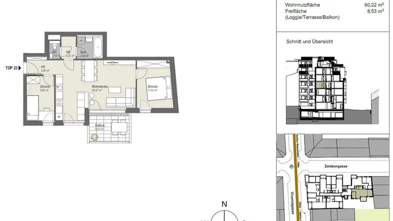 Moderner Grundriss einer Wohnung mit offener Wohnküche, zwei Schlafzimmern und einem Balkon.