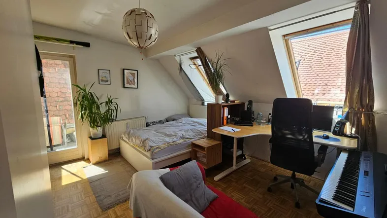 Helles Schlafzimmer im Dachgeschoss mit Arbeitsbereich, Dachfenstern und Zugang zum Balkon.