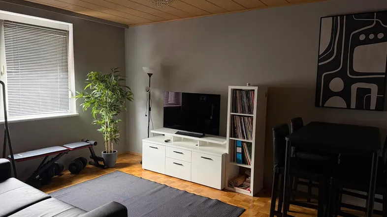 Heller Wohn- und Essbereich mit Parkettboden, TV-Möbeln und einem Bartisch.