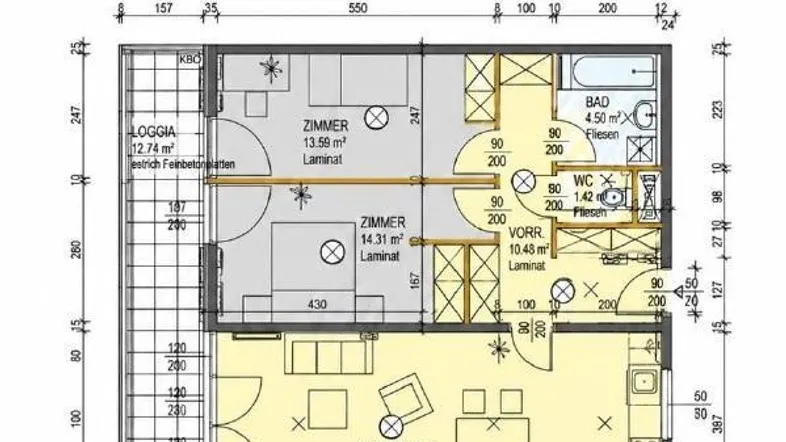Grundriss der Wohnung mit zwei Zimmern, Wohnküche, Bad und Loggia.