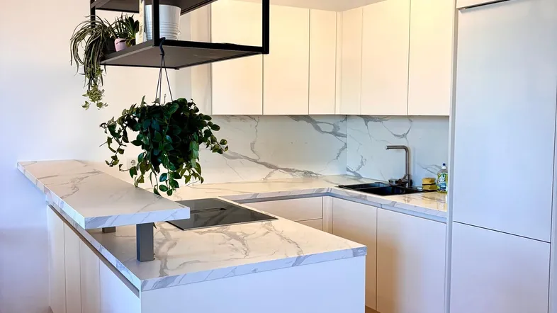 Moderne Küche mit weißer Kücheninsel, Marmor-Arbeitsplatten und hängenden Pflanzen.