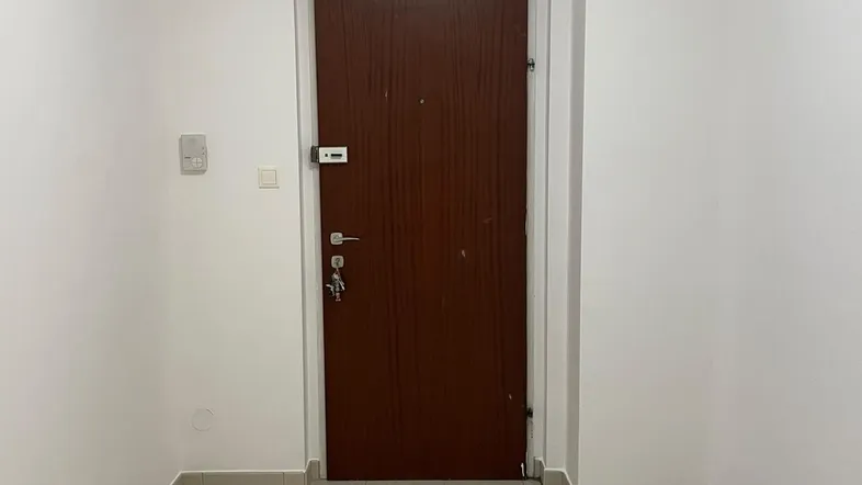 Heller Eingangsbereich mit Fliesenboden und einer robusten Wohnungstür.