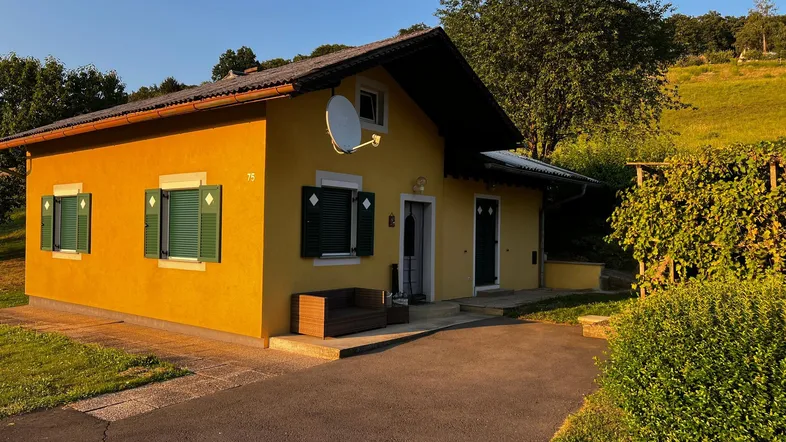 Gelbes Einfamilienhaus mit grünen Fensterläden und Satteldach in ländlicher Umgebung.