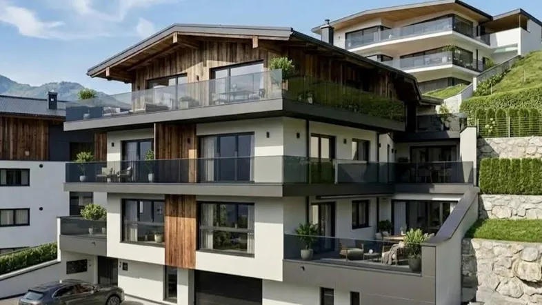 Moderne Architektur mit Holzfassade, großen Balkonen und Tiefgaragenzufahrt in alpiner Umgebung.