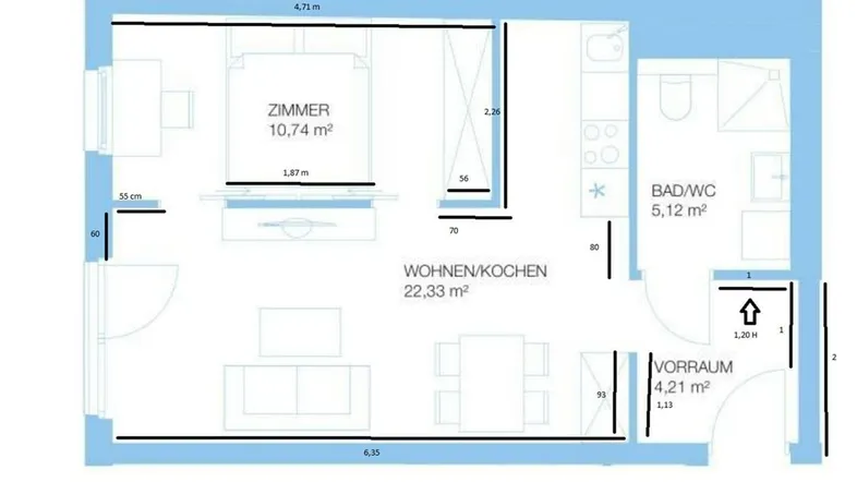 Grundriss einer Wohnung mit Schlafzimmer, Wohnküche, Bad/WC und Vorraum.