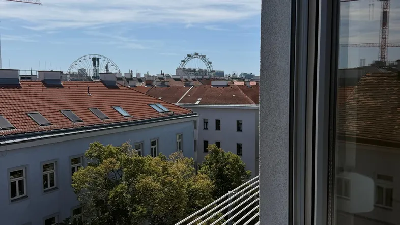 Panoramablick über die Dächer der Stadt mit dem Riesenrad im Hintergrund und viel Grün.