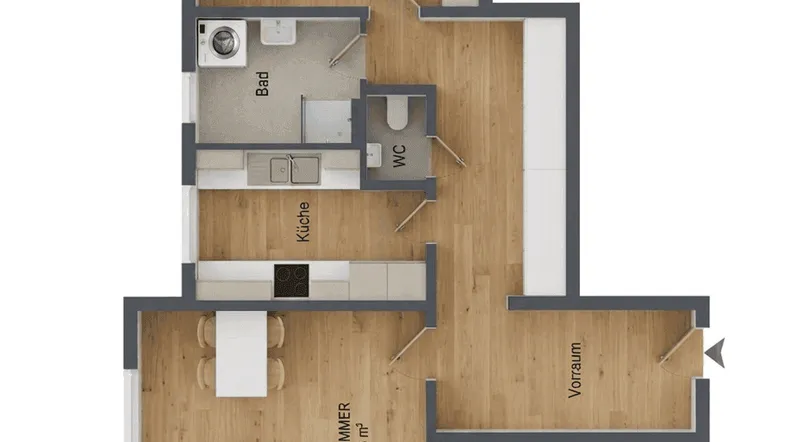 Detaillierter Grundriss der Wohnung mit Schlafzimmer, Bad, Küche und offenem Wohnbereich.