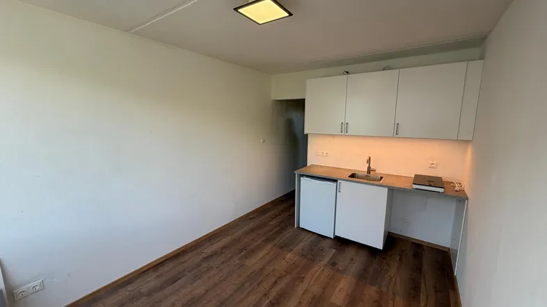 Heller Wohnraum mit integrierter Küchenzeile und Laminatboden, ideal für ein Studio-Apartment.