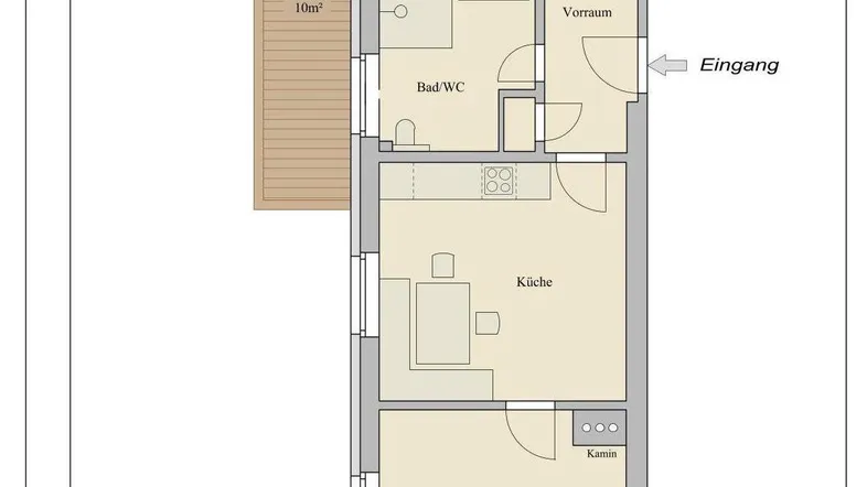 Grundrissplan einer Wohnung mit zwei Zimmern, Küche, Bad, Vorraum und Balkon.