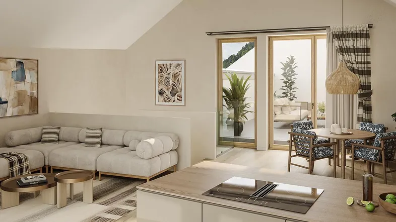 Moderner offener Wohn-Essbereich mit integrierter Küche, hohen Decken und Zugang zum Balkon.