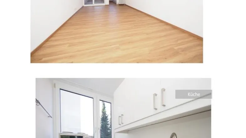 Heller Wohn-Ess-Schlafbereich mit Laminatboden und Zugang zum Balkon, ergänzt durch eine kleine Küchenzeile.