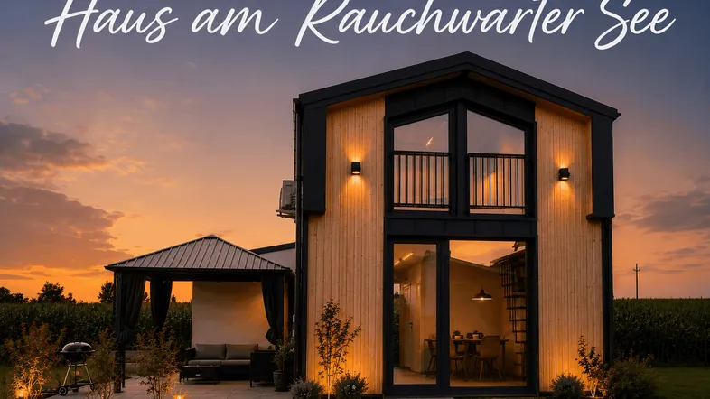 Modernes Haus mit Holzfassade und großen Fenstern bei Sonnenuntergang, inklusive Außenbereich mit Grill.