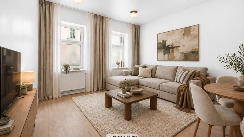 Helles Wohn- und Esszimmer mit modernem Sofa, Esstisch und stilvoller Dekoration, durch große Fenster lichtdurchflutet.