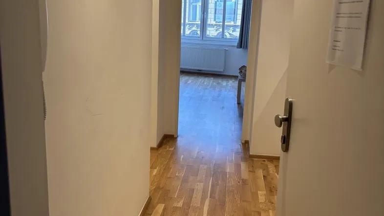Heller Flur mit Holzparkettboden und Einbaustrahlern, der zu weiteren Räumen führt.