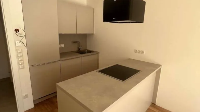 Moderne Küche mit Kücheninsel, Induktionskochfeld und Dunstabzugshaube in hellem Design.