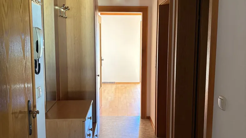 Heller Flur mit Holzdecke und praktischem Garderobenschrank, der zu weiteren Räumen führt.