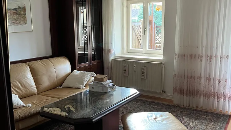 Gemütliches Wohnzimmer mit Ledersofa, Teppich und Blick in den Garten.