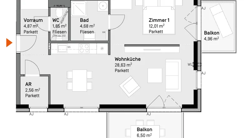 Grundriss einer Wohnung mit offener Wohnküche, einem Schlafzimmer und zwei Balkonen.