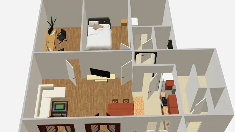 3D-Grundriss der Wohnung mit offener Wohnküche, Schlafzimmer und Terrasse.