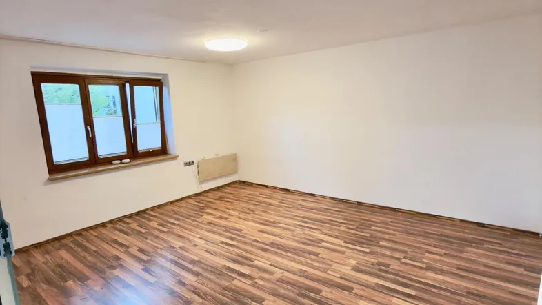 Geräumiger, leerer Raum mit Laminatboden und einem Fenster, ideal als Wohnzimmer nutzbar.