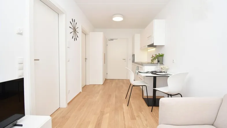 Helles, offenes Wohn-Esszimmer mit integrierter Küchenzeile und modernem Holzfußboden.