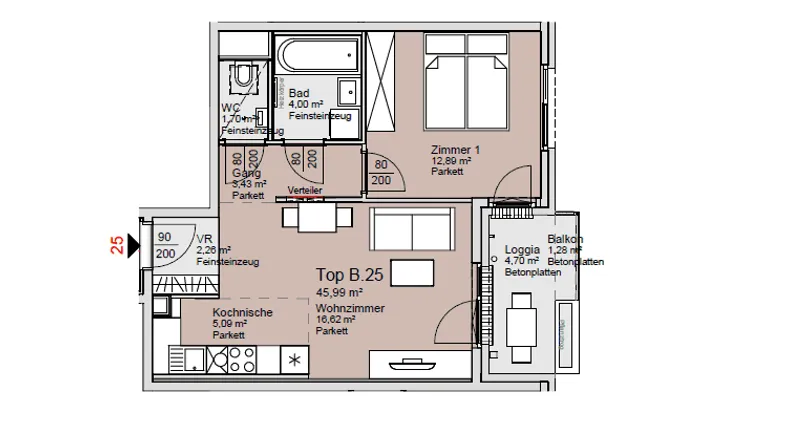 Grundriss einer Wohnung mit offener Küche, Wohnzimmer, Schlafzimmer und Balkon.