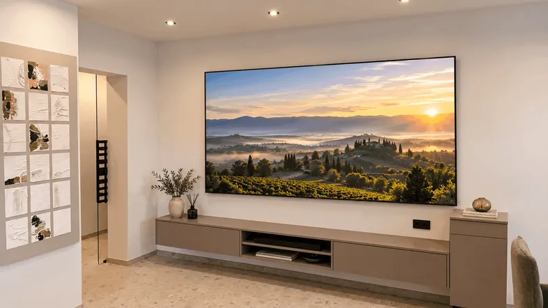 Modernes Wohnzimmer mit großem Fernseher, eleganter Medienkonsole und hellem Fliesenboden.
