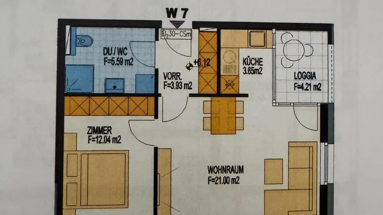 Grundriss der Wohnung W7 mit einem Schlafzimmer, Wohnraum, Küche, Bad und Loggia.