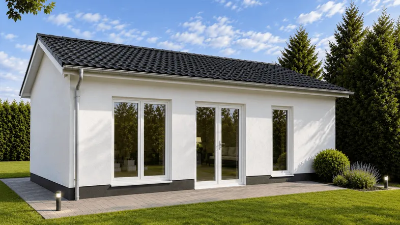 Modernes Einfamilienhaus mit weißer Fassade, schwarzem Dach und großen Fenstern im Grünen.