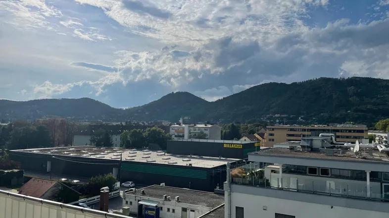 Weitläufiger Blick über die Stadt und die umliegenden grünen Hügel unter einem bewölkten Himmel.