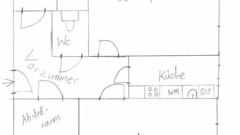 Handgezeichneter Grundriss mit Schlafzimmer, Wohnzimmer, Küche, Bad und Abstellraum.