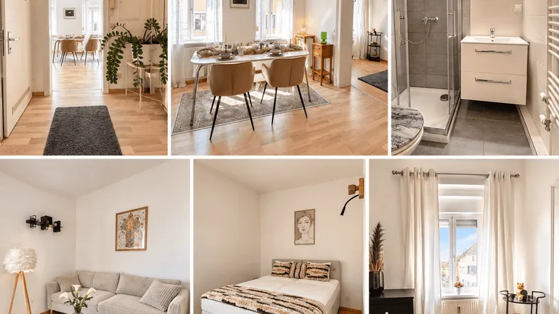 Übersicht verschiedener Innenräume der Wohnung mit hellem Ambiente und moderner Einrichtung.