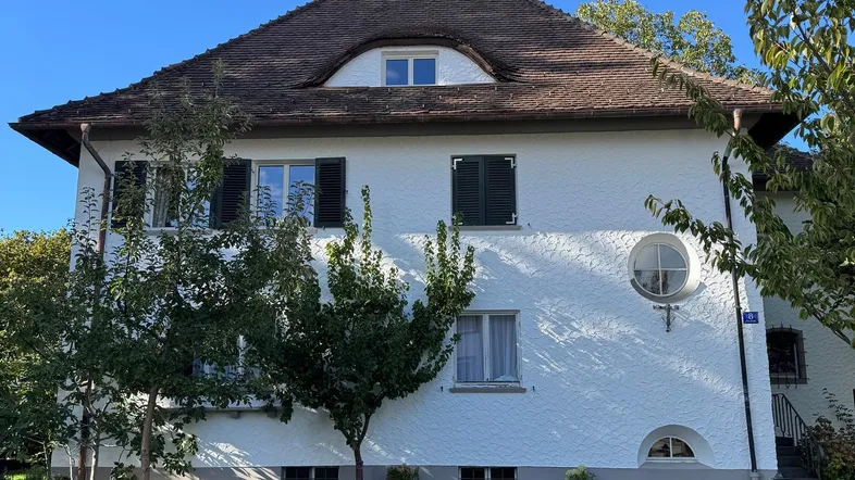 Weißes Wohnhaus mit braunem Ziegeldach, grünen Fensterläden und gepflegtem Vorgarten unter blauem Himmel.