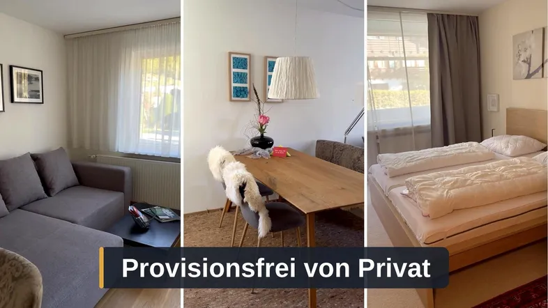 Collage mit verschiedenen Innenansichten des Hauses, darunter Wohnzimmer, Essbereich und Schlafzimmer.